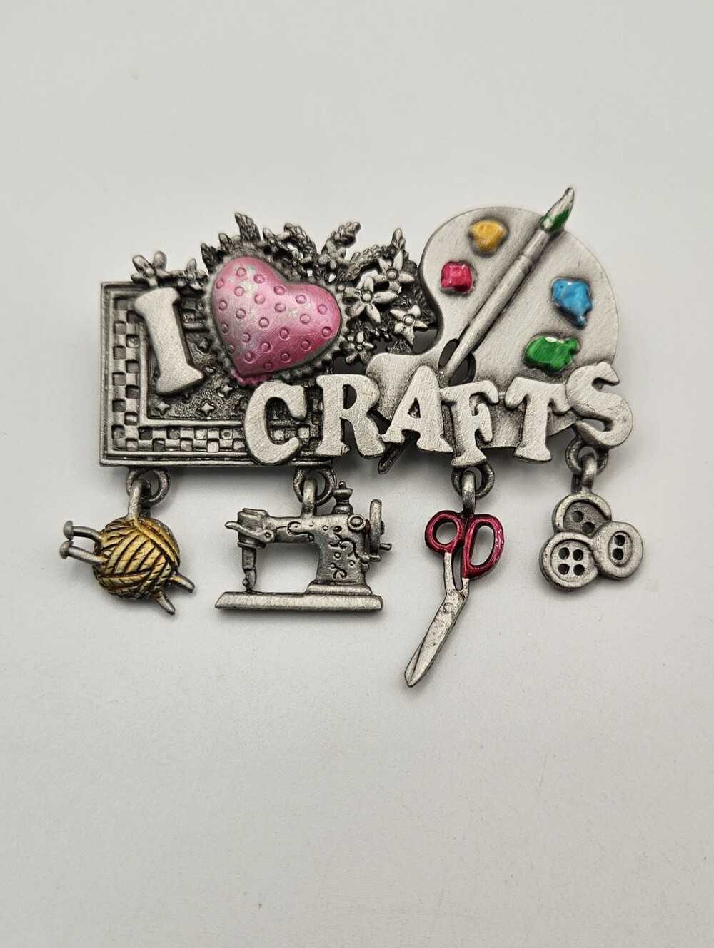 Vintage Spoontiques Pewter I Love Crafts Brooch Sewing Painting Dangles Pin